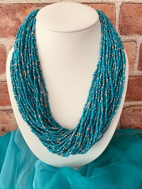 Turquoise and Silver Seed Bead Multi-Strand Necklace